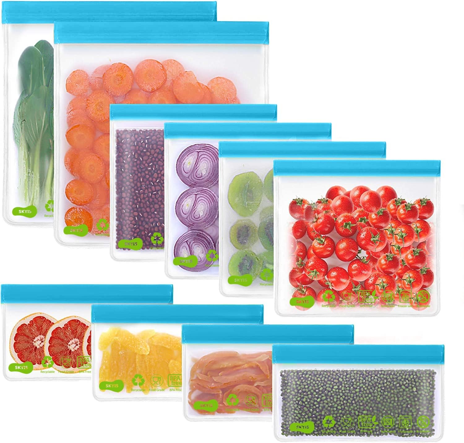 Skyis Reusable Ziplock Bags, 10 Pack BPAFree Freezer Bags Extra Thick