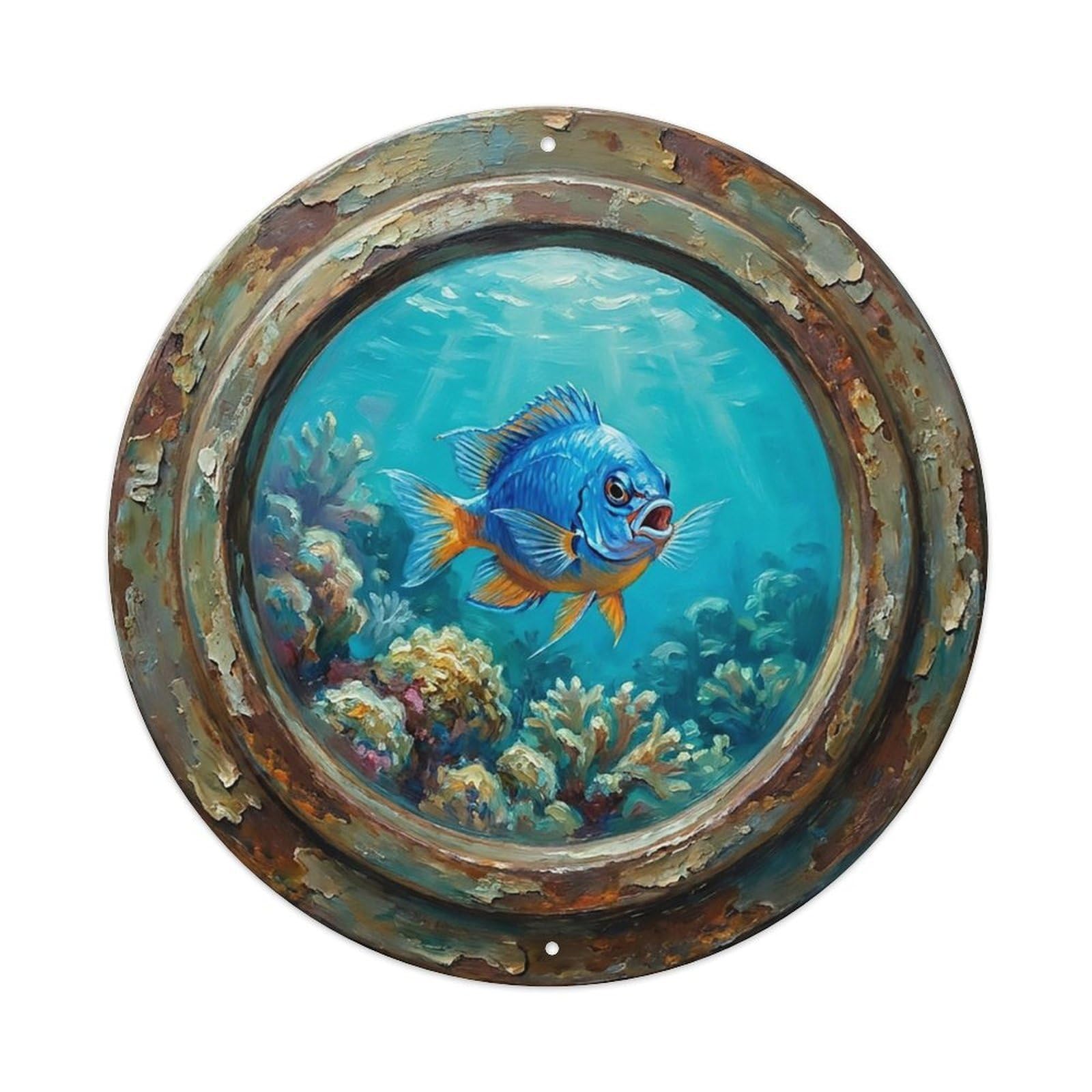 Vintage Porthole Damselfish Ship Window Undersea Deep Sea Metal Tin Sign