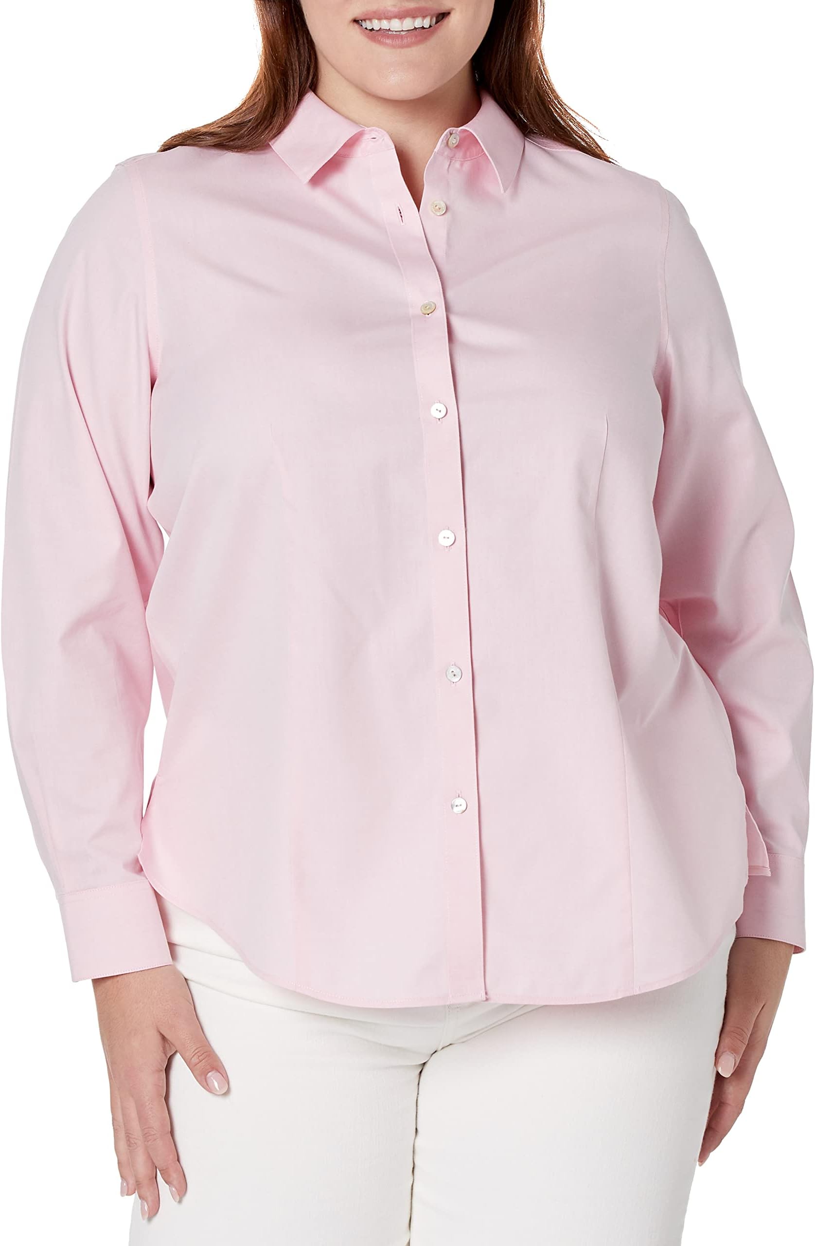 FoxcroftWomen's Plus Size Dianna Long Sleeve Solid Pinpoint Blouse, Chambray Pink, 14W