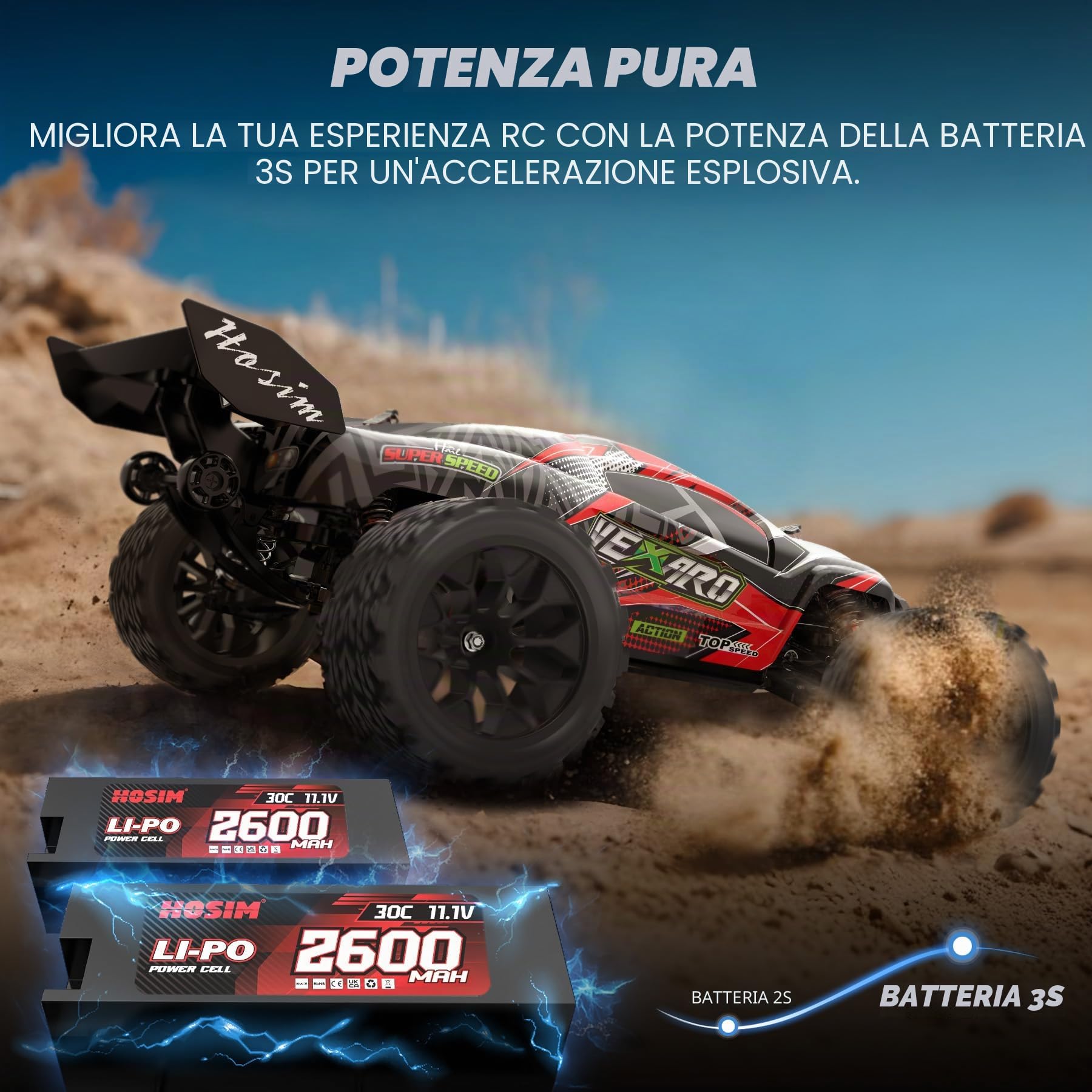 Hosim Auto telecomandata a partire dai 14 anni, 1:8, senza spazzole, 70+ km/h, alta velocità, 4 x 4, fuoristrada, impermeabile, grande auto RC per adulti, Truggy 40+ minuti con 2 batterie