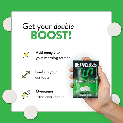 Miniatura 10 de RUN GUM Fruit Energy Gum 50 mg de cafeína, taurina y vitaminas B por pieza, 24 piezas (paquete de 12), 2 piezas  1 café o bebida energética, sin