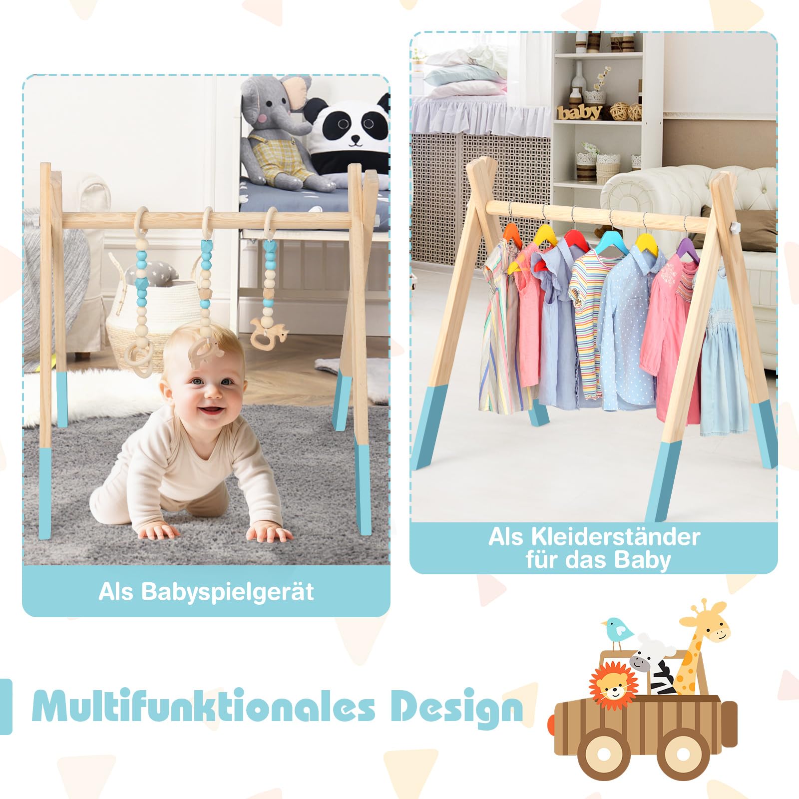 COSTWAY Baby Spielbogen Holz, Spieltrapez klappbar, Baby Gym mit 3 abnehmbaren Kinderspielzeugen, Spieltrapez für Babys über 3 Monate, Holzspielzeug zur Gehirnentwicklung (Grün)