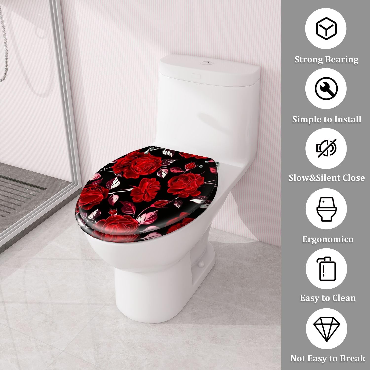 Asiento de inodoro redondo de resina con cierre suave para baño.