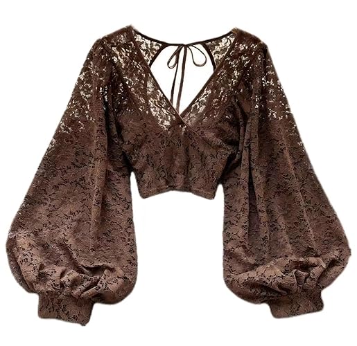 TYATVS Womens Lace Blouse Long Sleeve Cute Thirt Lace Top Fairy Grunge Clothes Cottagecore Clothing Gothic Shirt - One Size - Brown