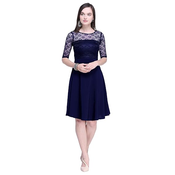 Buy Shree Creation Dreses Design Navy Blue Net And Crepe A Line Short Dress For Women S Large At Amazon In