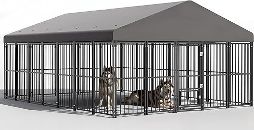 Miniatura 7 de Perrera grande para perros exterior de 10 x 14 pies, jaula resistente con puerta de alimentación, corrida de perro al aire libre con techo