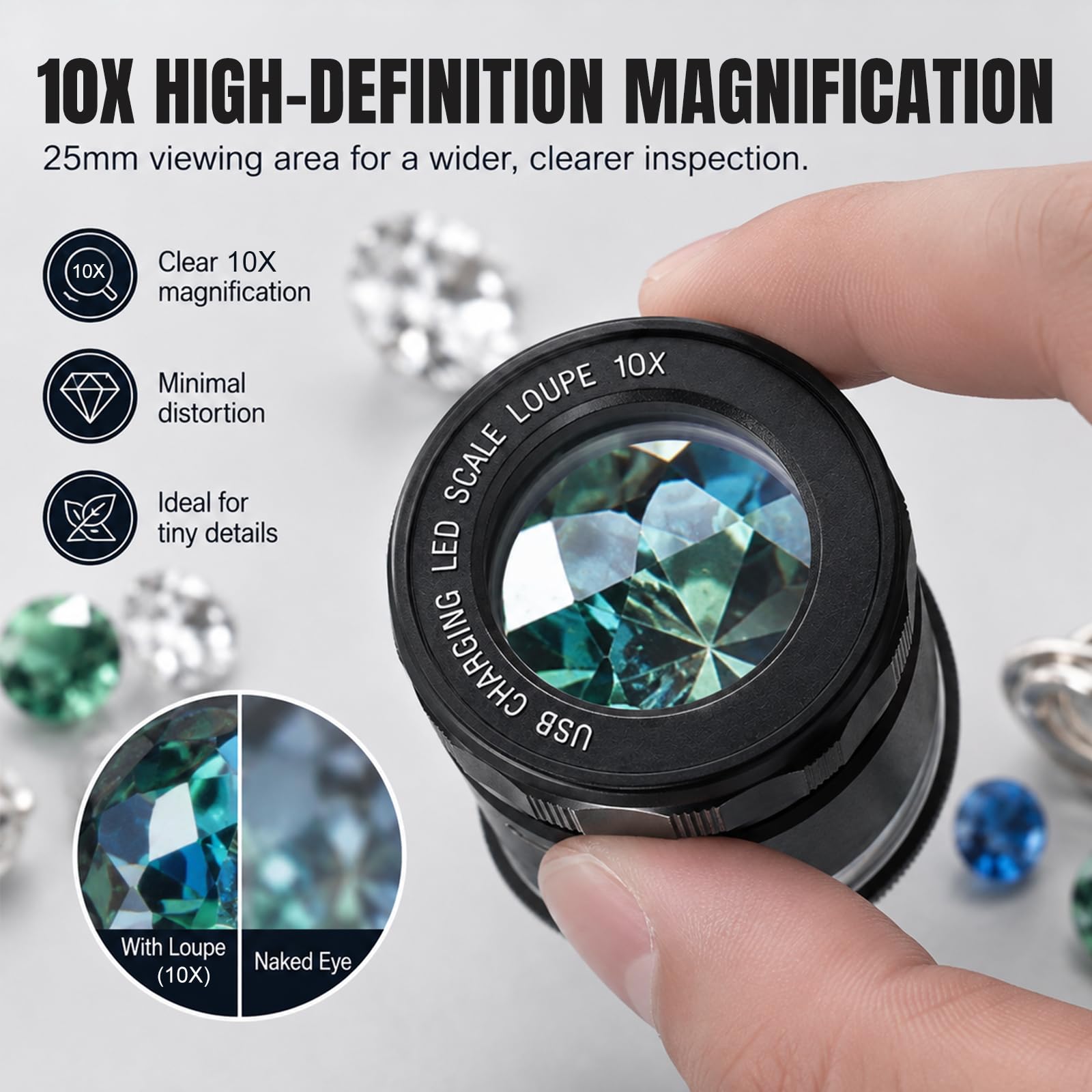 Lupa Recargable para joyeros con Luces LED y 3 Escalas de retícula, Campo de visión de 25 mm, Lupa de Ojo de Enfoque Ajustable para Gemas, Monedas, Relojes, Sellos, Plantas