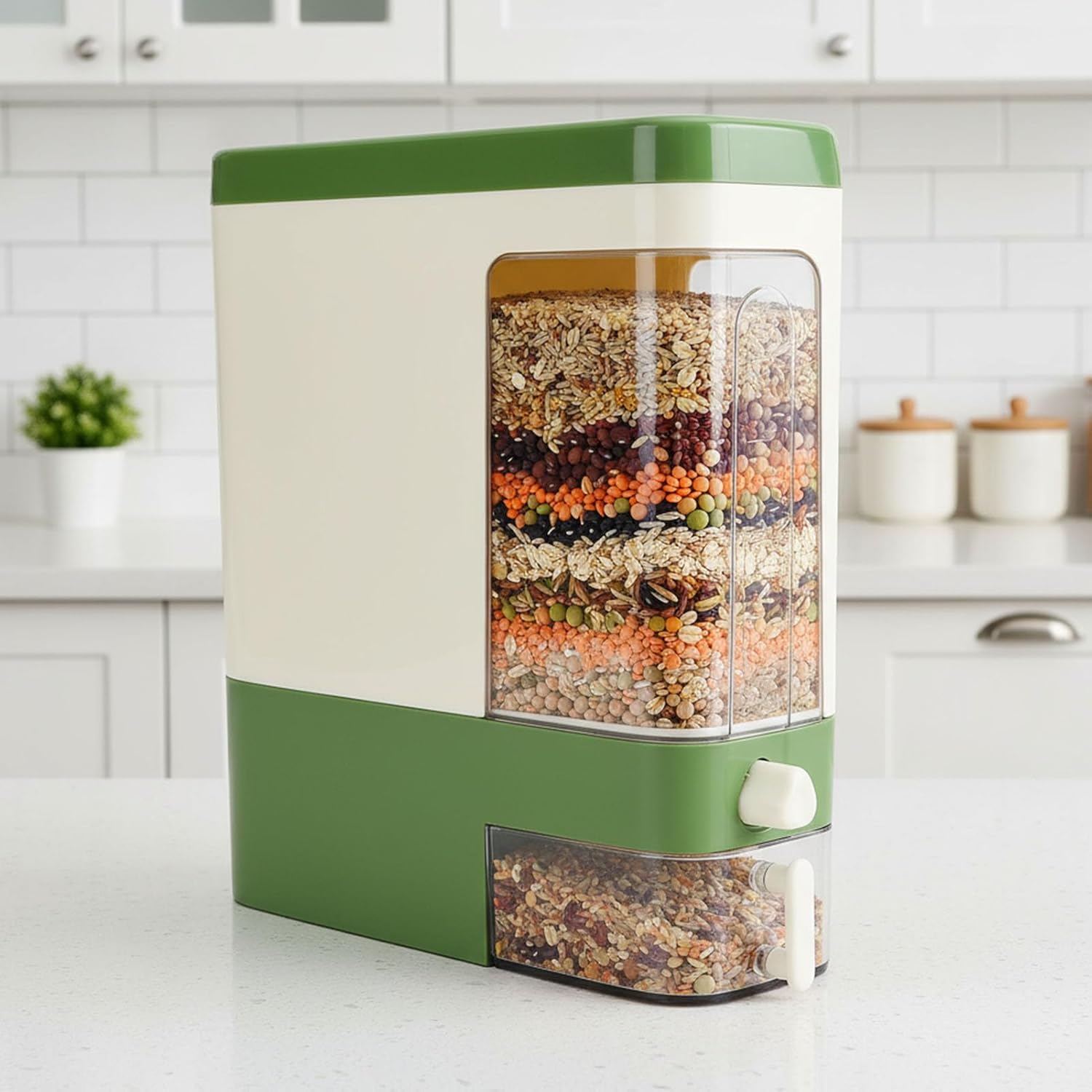 Luqeeg Humidity Proof Rice Dispenser, Large Cereal Dispenser Bucket, Press Type Rice Storage Container with Cup for Kitchen Pantry Organization Soybean Corn Oats Even Flour (Green)