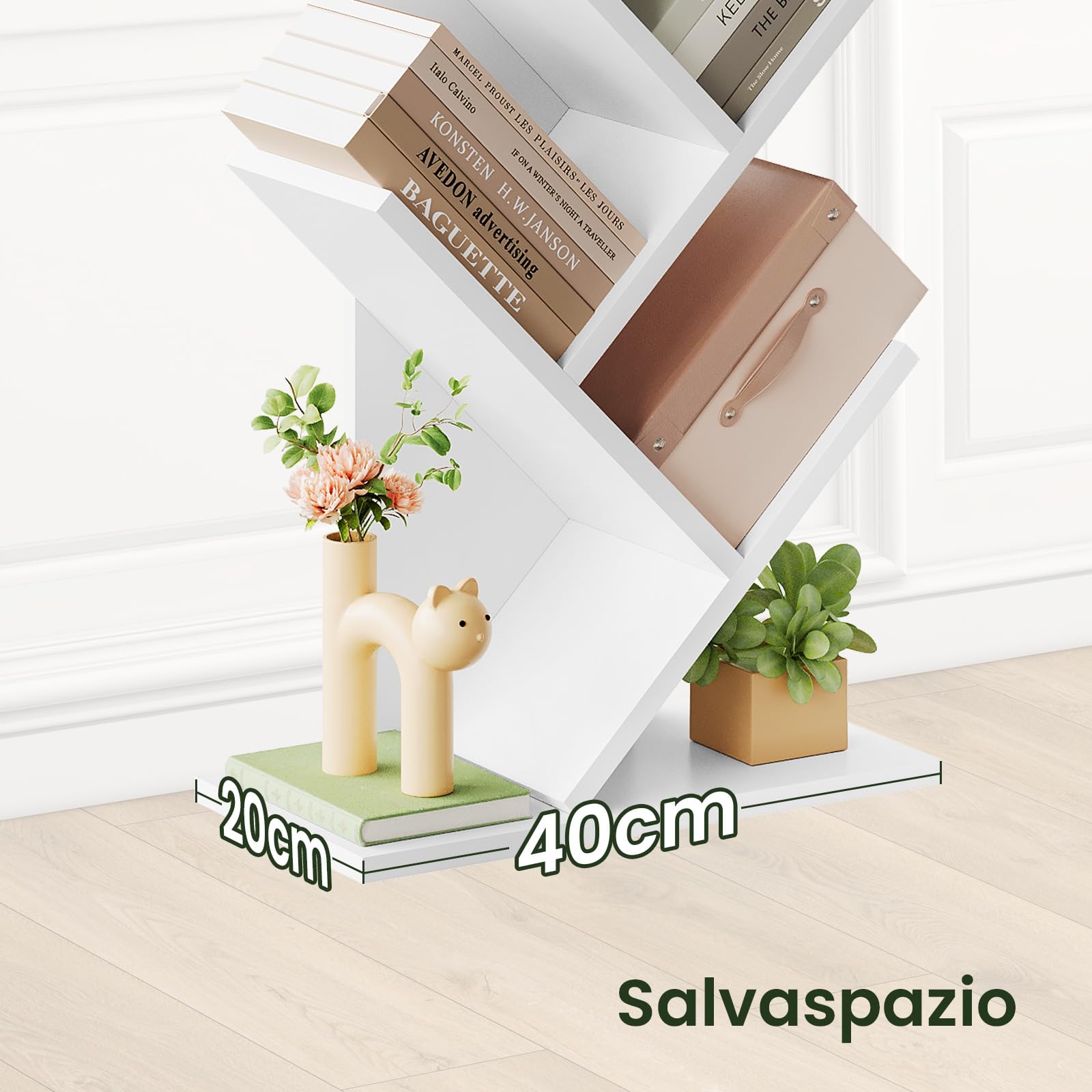 EUGAD Libreria ad Albero Moderna Scaffale Salvaspazio a 9 Ripiani in Legno Porta Libri per Soggiorno Camera Studio Bianco, 40x20x127cm