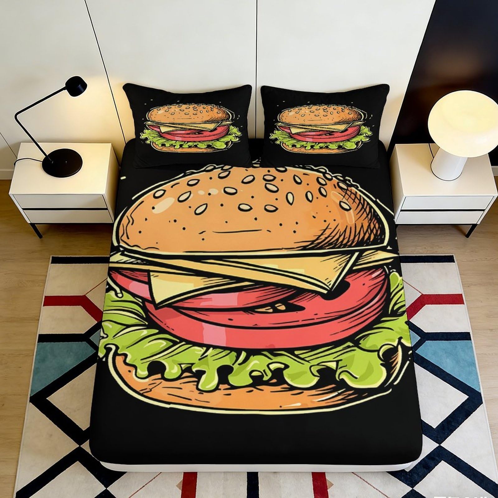 3D Printed Burger Pattern Fitted Sheet Microfiber Soft Breathable Cheeseburger Bed Cover for Bedroom Dormitory Guest Room Mattress Protection Decor 140x200x25cm