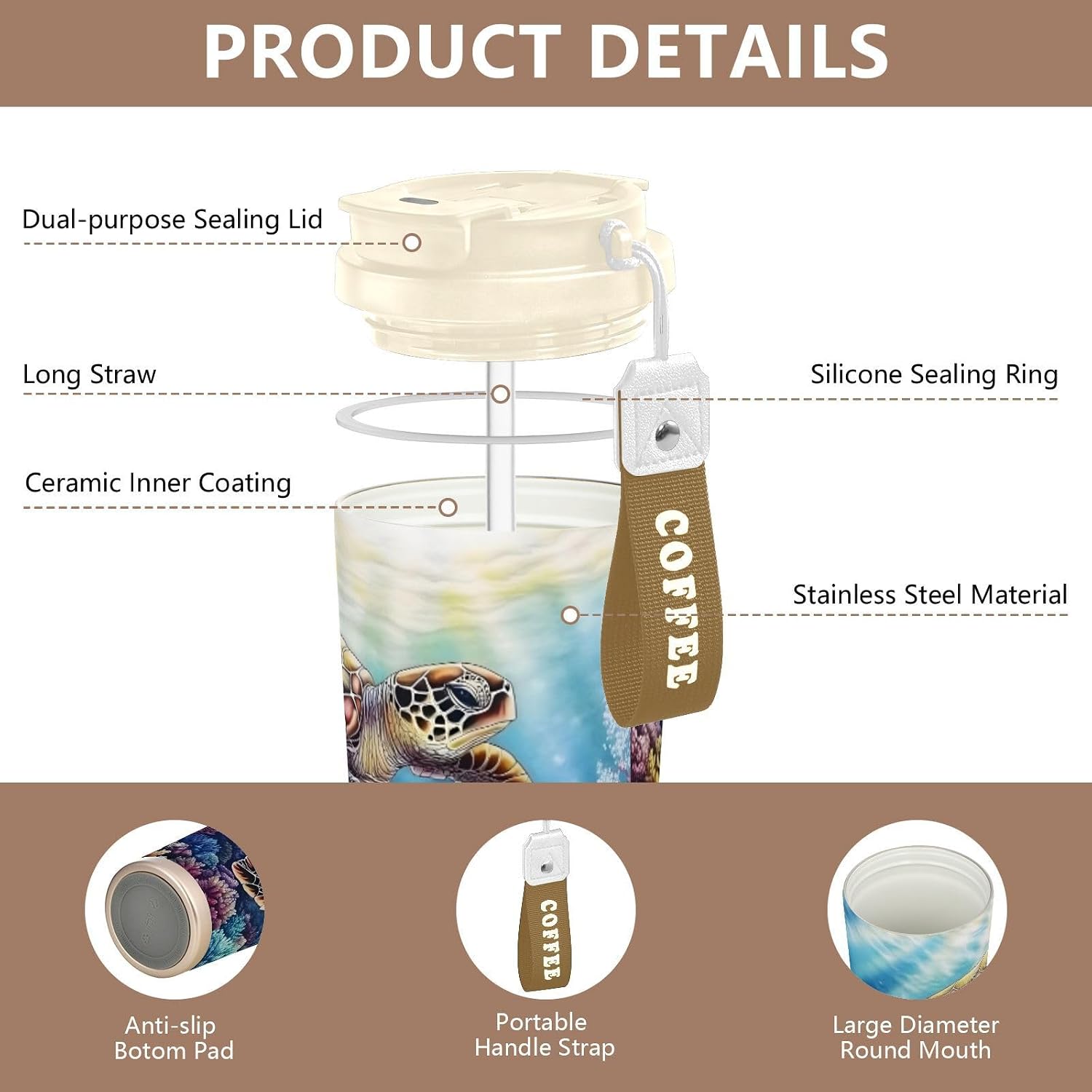 Sea Turtle Underwater Insulated Coffee Mug with Straw & Flip Lid, 16.9oz Iced Tumbler Cup, Double Wall Vacuum Leak-Proof Mug for Travel Office