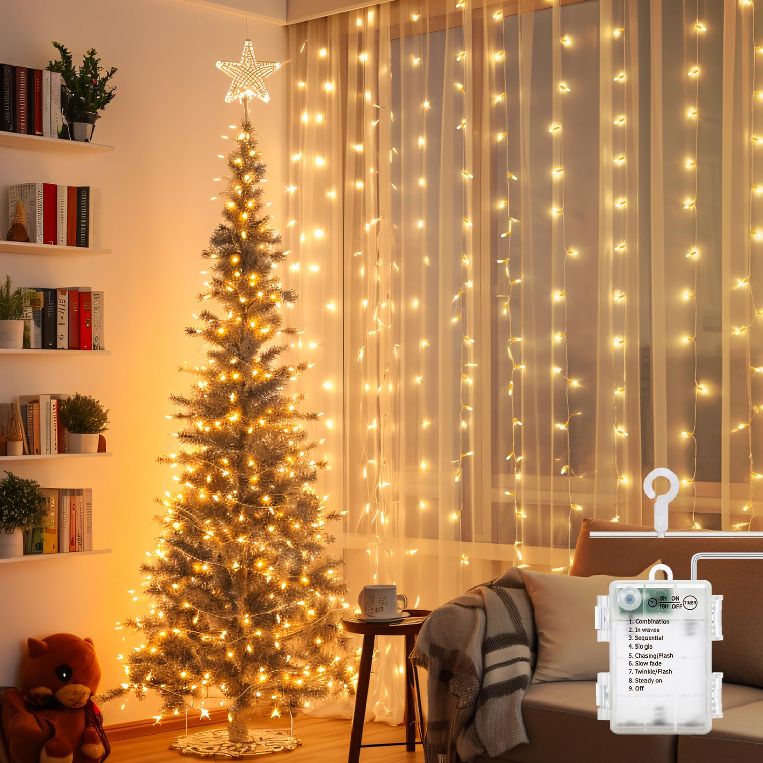 Aigostar cortina luces navidad， 2M*2M， 8 Modos Cadena de Luces con Remoto， 200 LED， temporizador， luces arbol navidad Resistente al Agua， para exterior y Interior， decoracion navidad， Fiestas