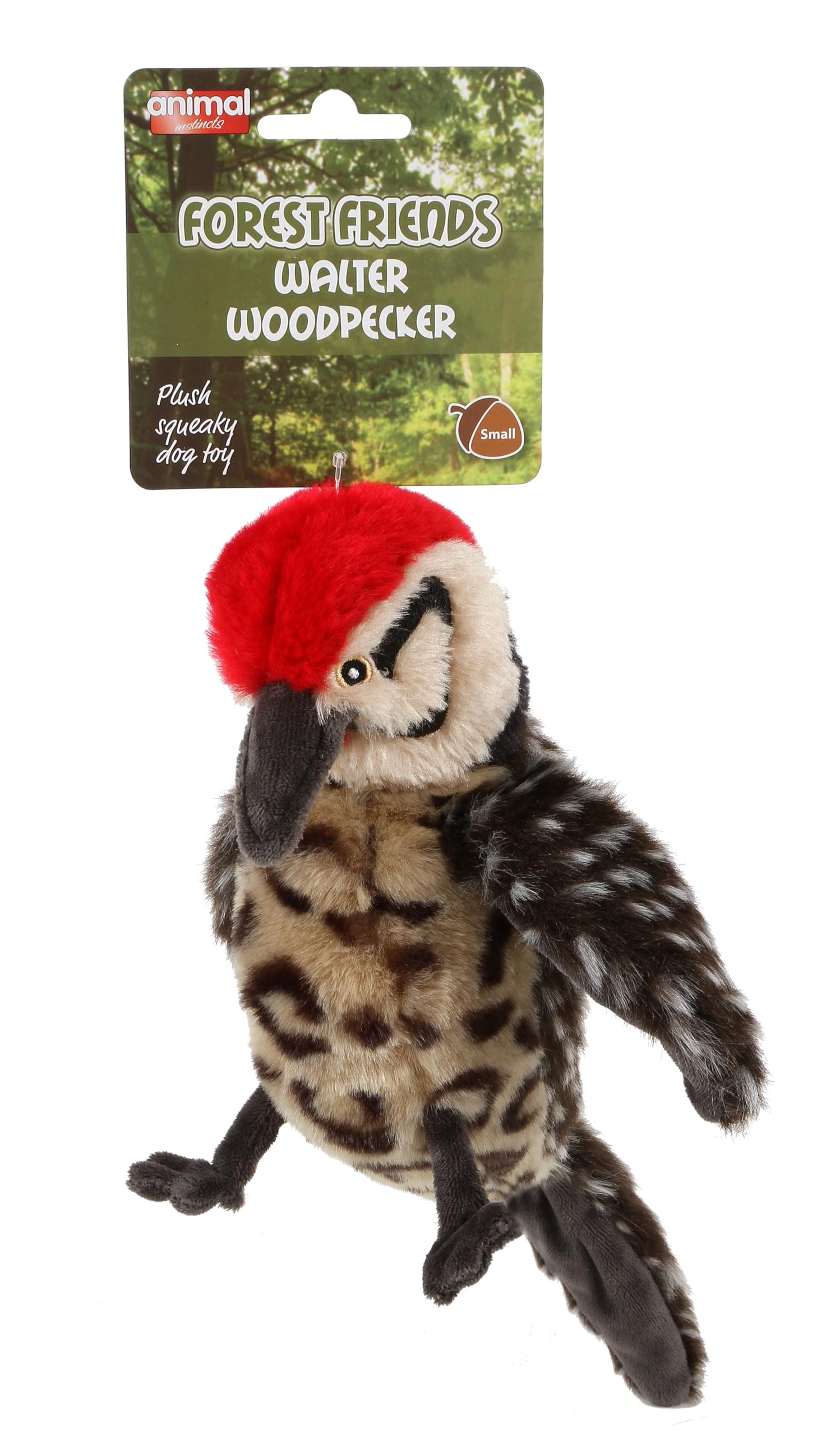 Animal Instincts Forest Friends Squeaky Plush Dog Toy Soft Comfort Puppy Toy Walter Woodpecker - Small