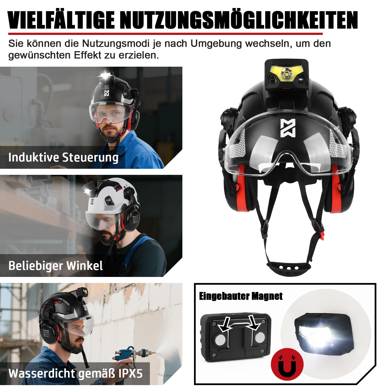 HEARMOR VOLTEK CE EN397 Zertifizierter Industrieschutzhelm mit LED-Kopflampe + Visier & Gehörschutz | Für Forstarbeiten, Bauarbeiten & Klettern | Hochwertiger Arbeitshelm mit Belüftung für Erwachsene