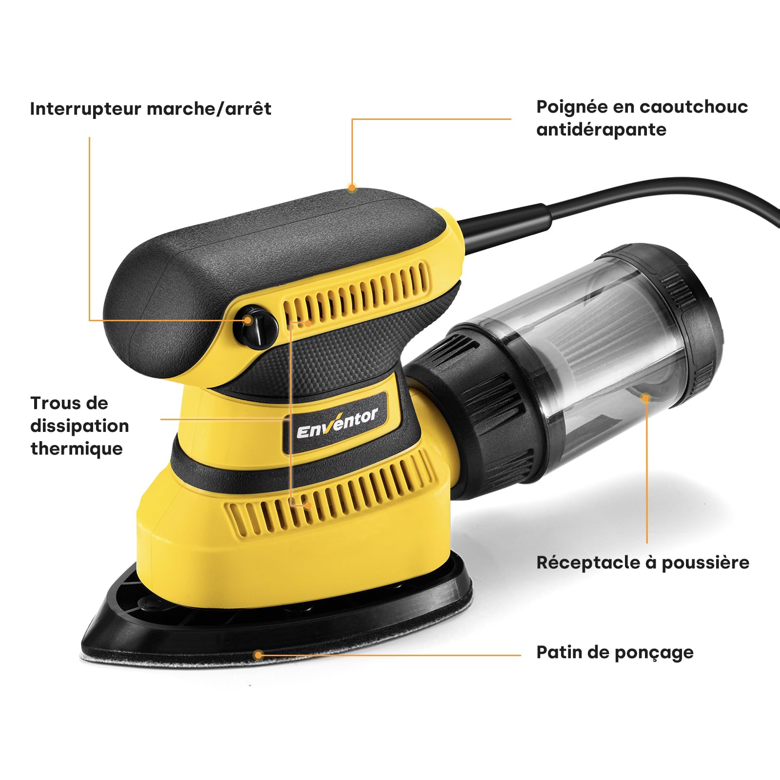 Enventor Ponceuse Excentrique 210W, avec 16 Feuilles Abrasives, 15000 tr/min, Système auto-agrippant, sac à poussière, idéale pour les angles et les Bords, Bois et Métal