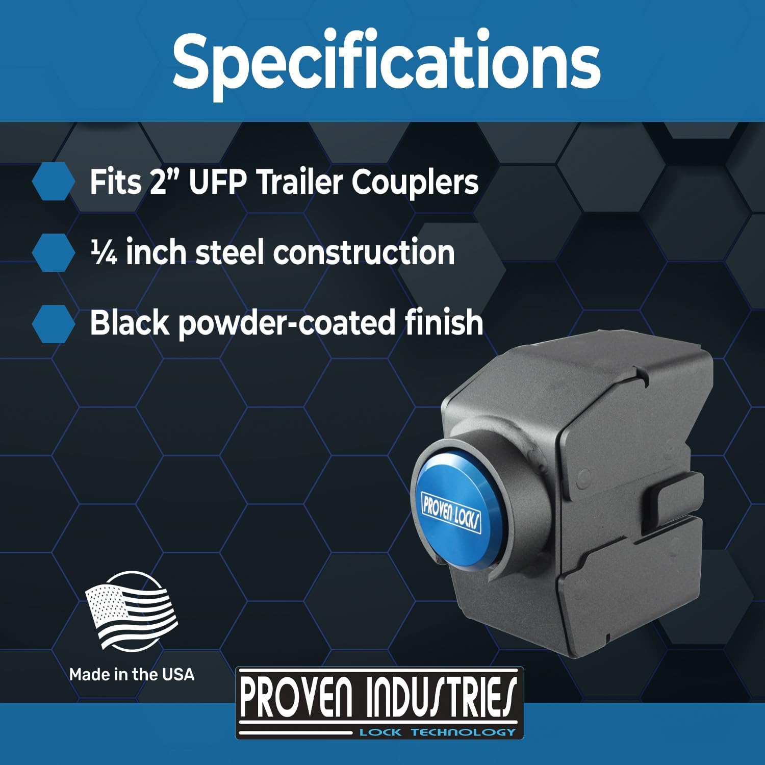 Proven Industries Model 2178-U Boat and Trailer Lock, Fits 2-Inch UFP Trailer Couplers, Secures Safety Chains, Made in The USA, (Blue)