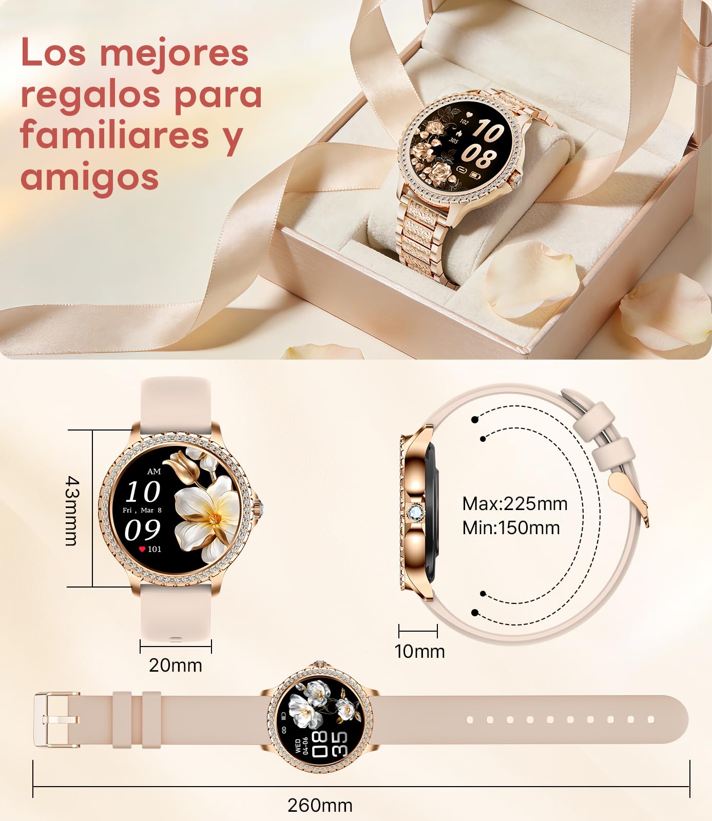 LIGE Reloj Inteligente Mujer, 1.32" Diamante Smartwatch, Oro Rosa | 500+ Esfera, A prueba de agua IP68, 100+ Deportes, Monitor de Sueño, Podómetro, Llamada Bluetooth, Correa de Acero Inoxidable
