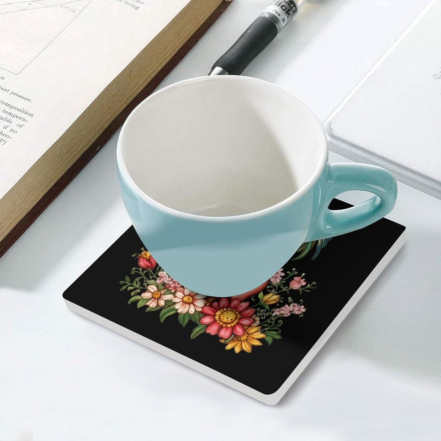 Rooster Pigs Flowers Coasters for Drinks Square Table Coasters Set Cup Mats with Cork Base