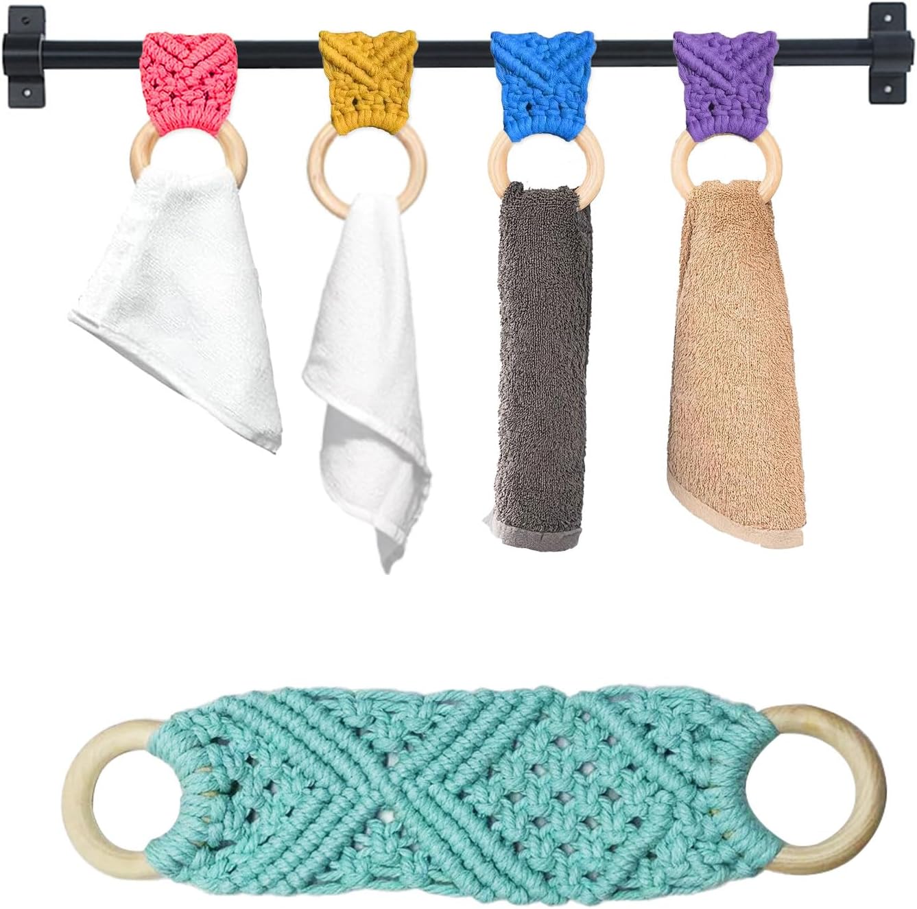 2Pcs Macrame Towel Holder Ring | Kitchen Towel Clips for Oven Handle | Crochet Towel Holder | Crochet Towel Holder Rings for Hanging Kitchen Towels (Aqua Green)