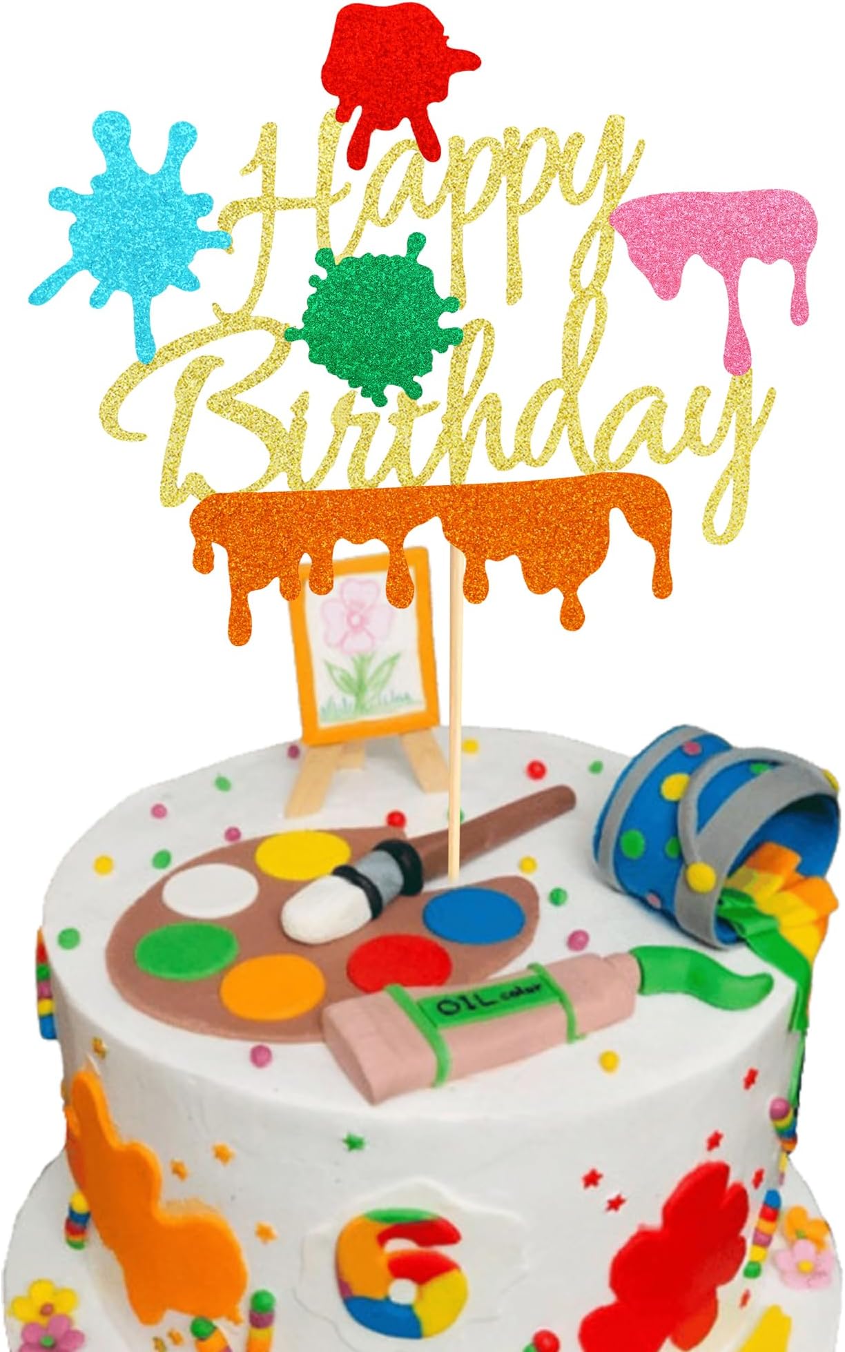1Pc Painting Cake Topper Painter Art Themed Slime Happy Birthday Cake Decoration for Gils Boys Birthday Bday Party Supplies - Gold Glitter