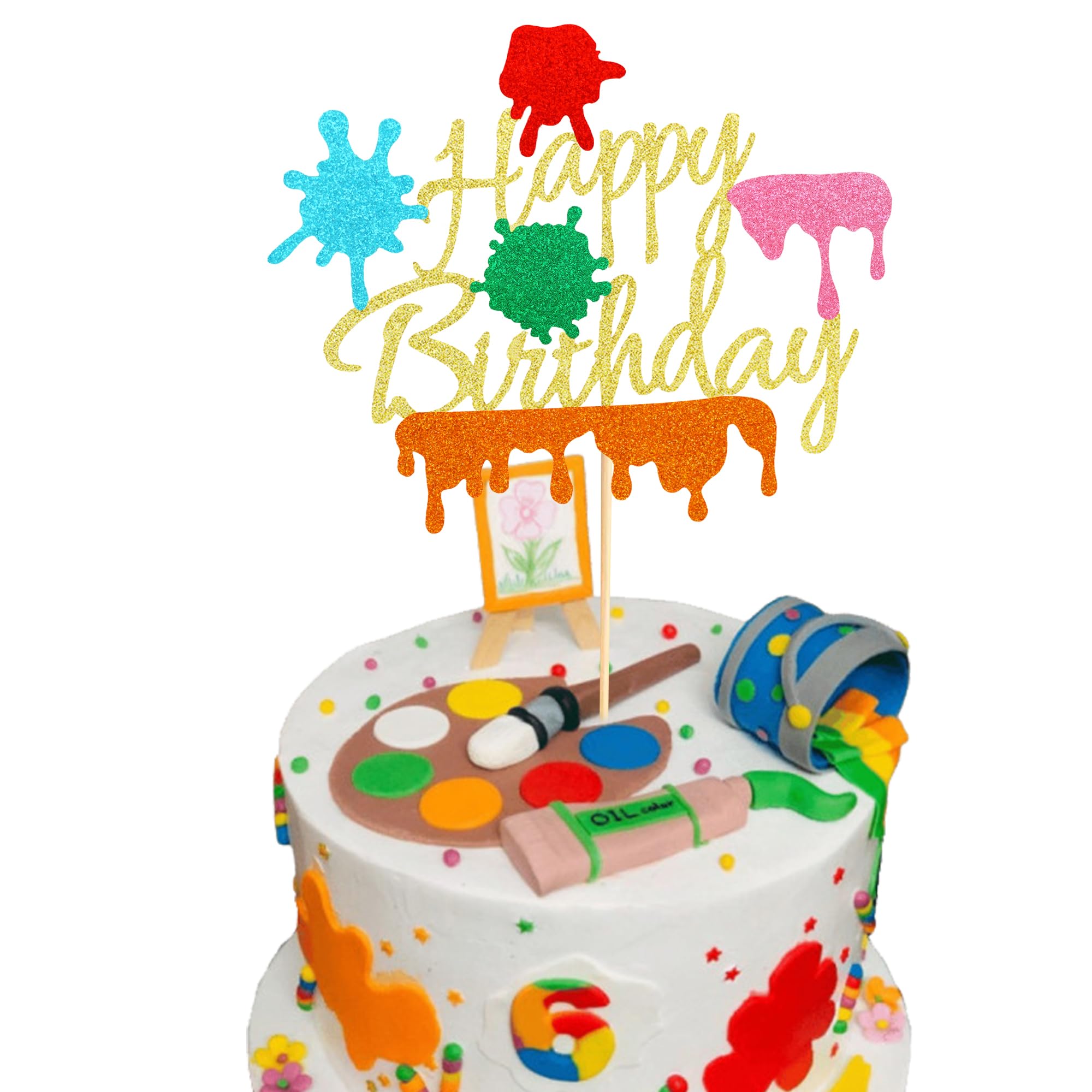 Arthsdite 1Pc Painting Cake Topper Painter Art Themed Slime Happy Birthday Cake Decoration for Gils Boys Birthday Bday Party Supplies - Gold Glitter