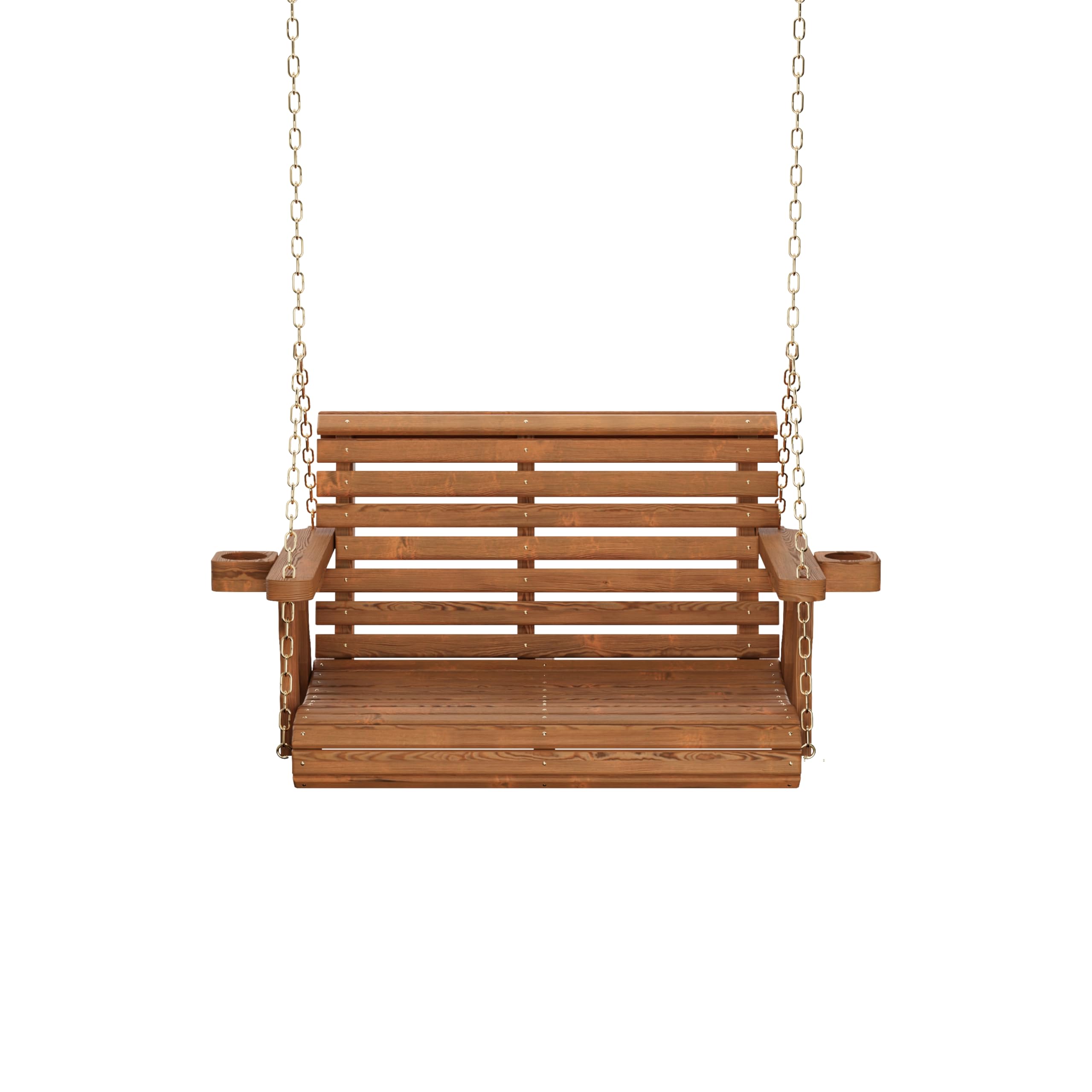Amish Casual Heavy Duty 700 Lb Capacity Porch Swing with Cup Holders (3 Foot, Oak Stain) – Wooden Outdoor Roll Back Swing with Hanging Chains – Amish Made in the USA
