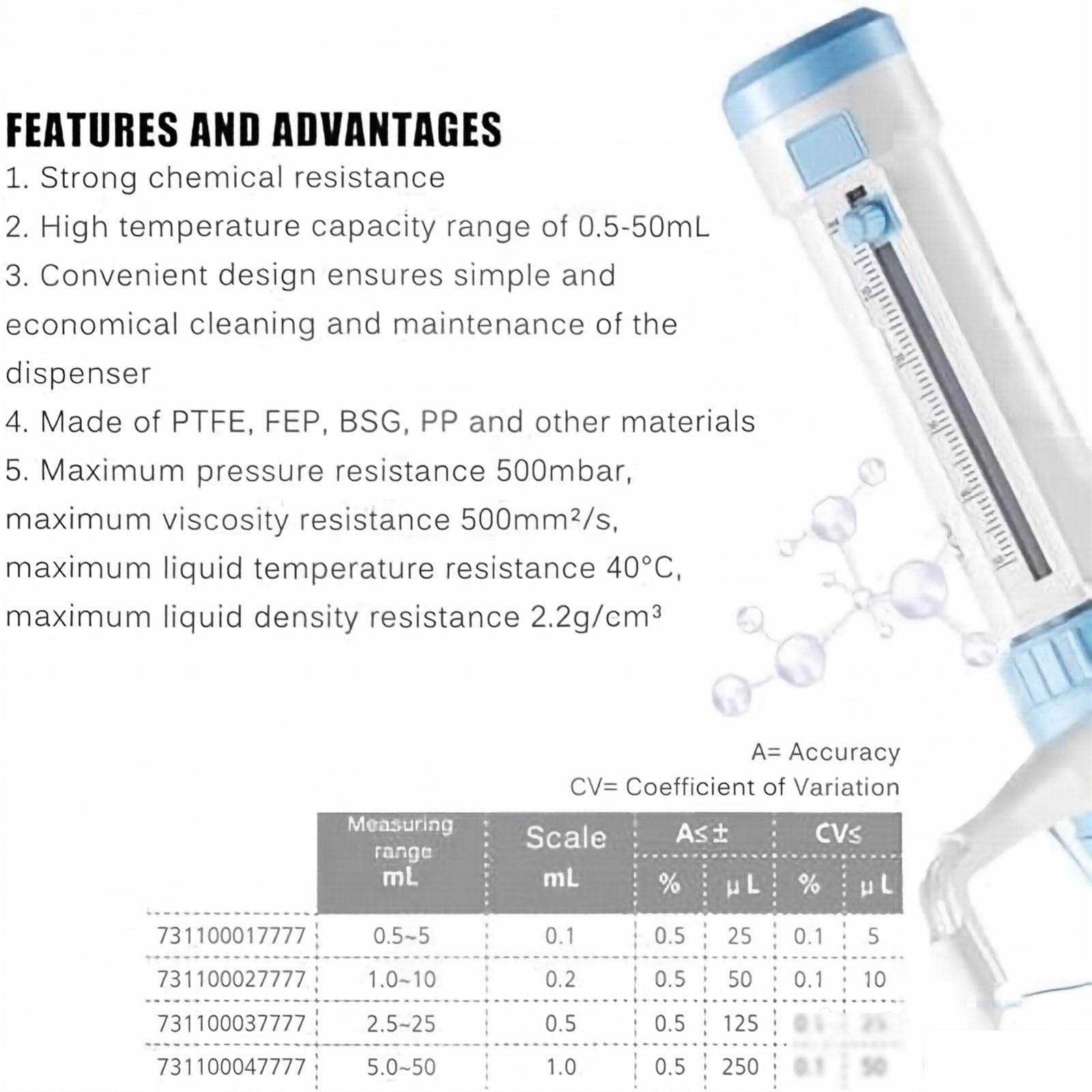 Dozownik do butelek laboratoryjnych, z 5 adapterami do butelek, 4 regulowane zakresy pojemności, 0,5-50 ml, precyzyjna skala, płynnie działająca 2,5-25 ml