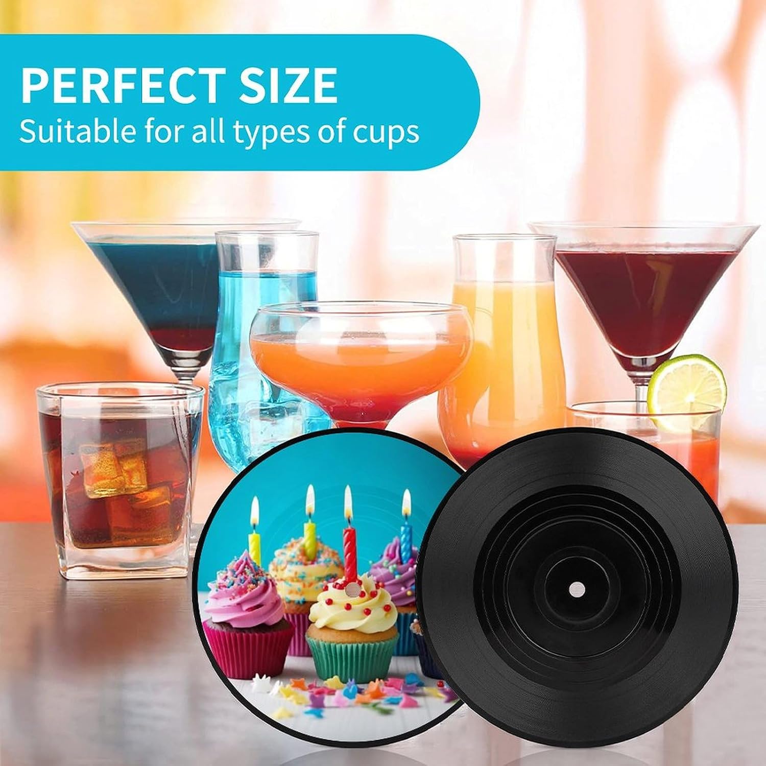 Record Coasters for Drinks Colorful Happy Birthday Cupcakes Bar Coaster Retro CD Coaster Non-Slip Cup Mat for Music Lovers Absorbent Tabletop Protection Mat for Coffee Table 1 PCS image 3
