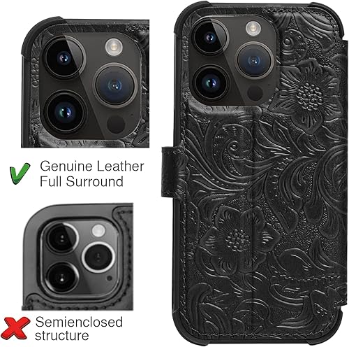 Miniatura 4 de Funda de cuero para iPhone 13 Pro Max 6.7, funda magnética de cuero genuino a prueba de golpes, funda abatible con ranura para tarjetas, bloqueo