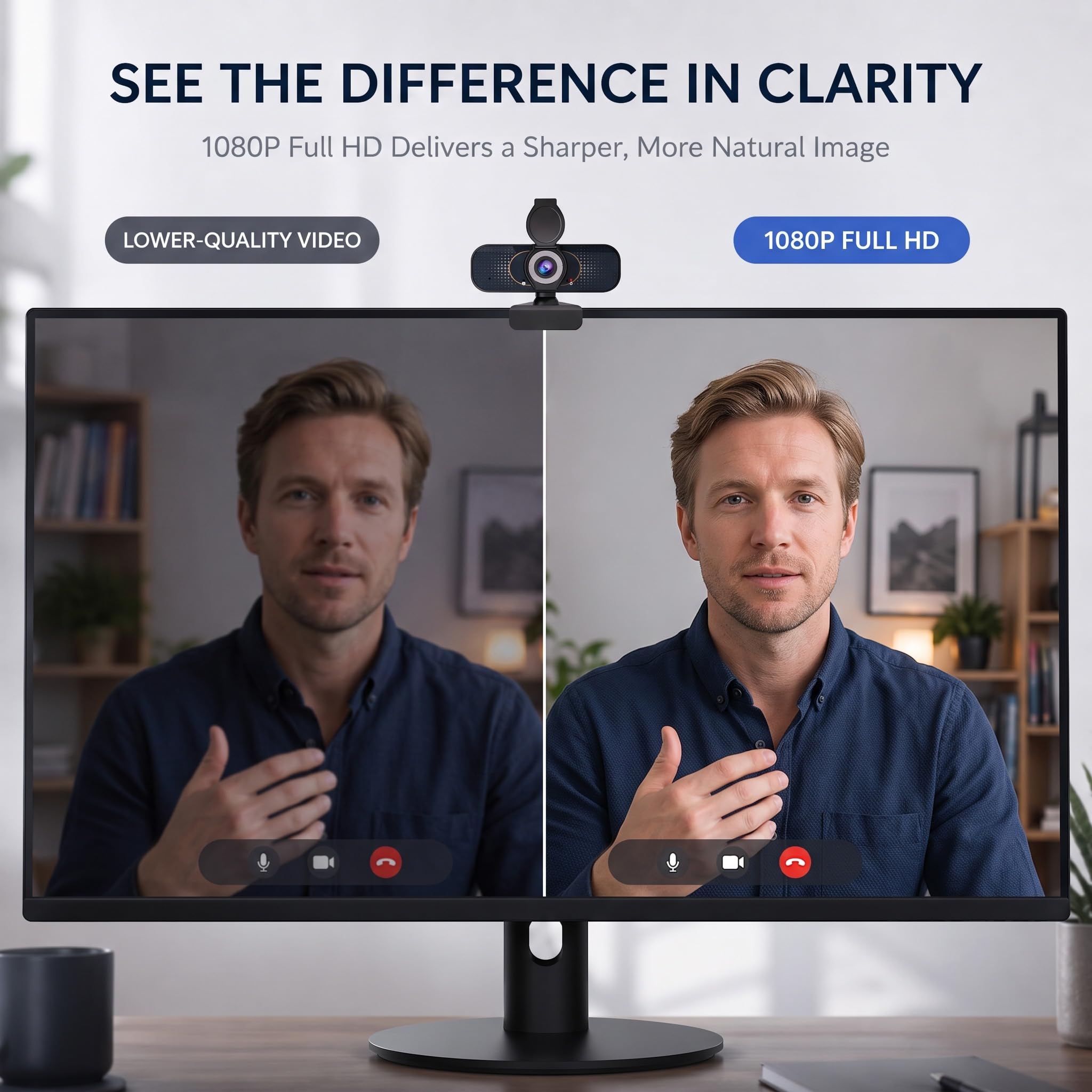 Webcam HD 1080P con treppiede girevole, microfono integrato, copertura per la privacy, fotocamera grandangolare, correzione automatica della luce, USB Plug & Play, per laptop, desktop, PC