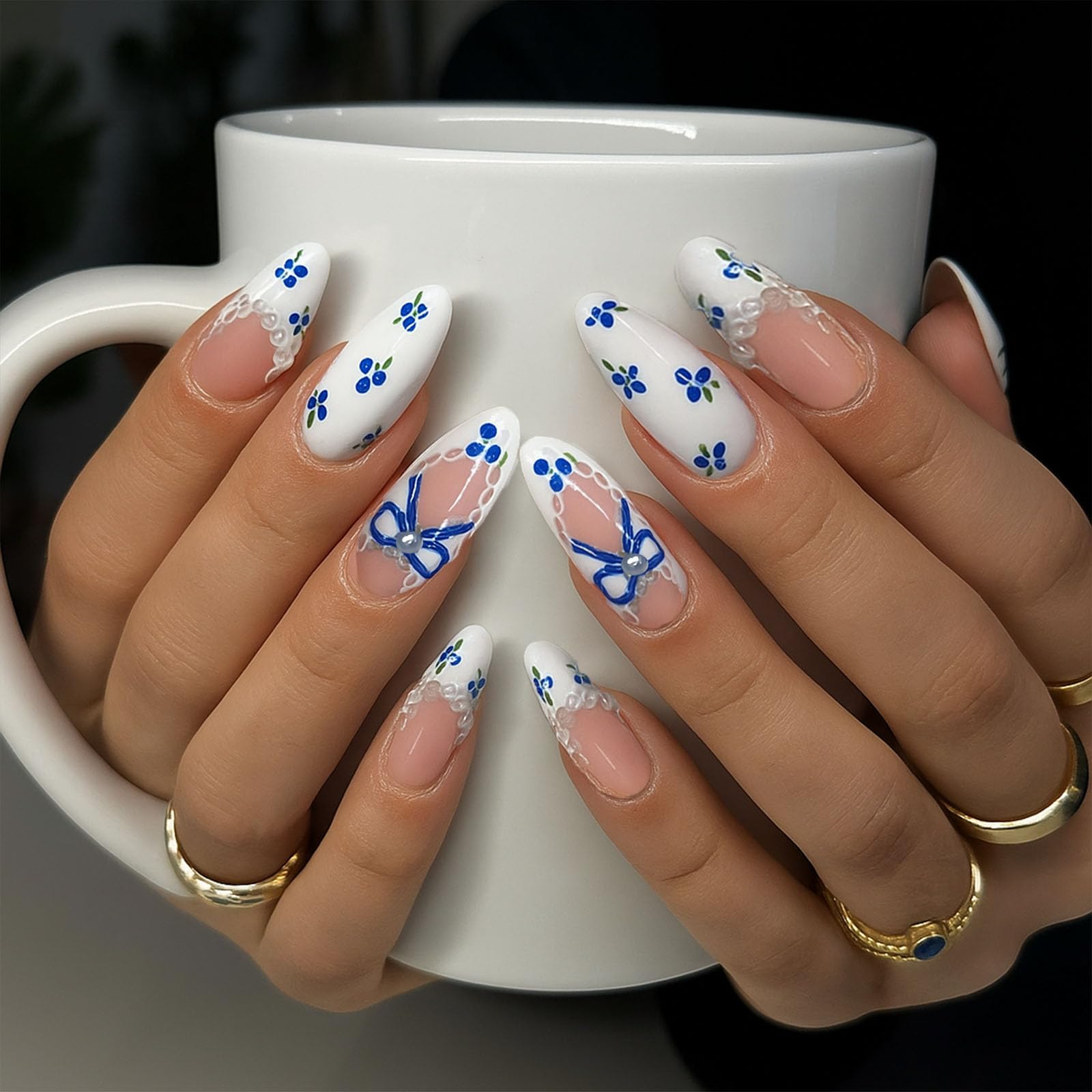 Elegant French Tip Press-On Nails with Floral Bow & Lace Design in Long Almond Shape - Image 3