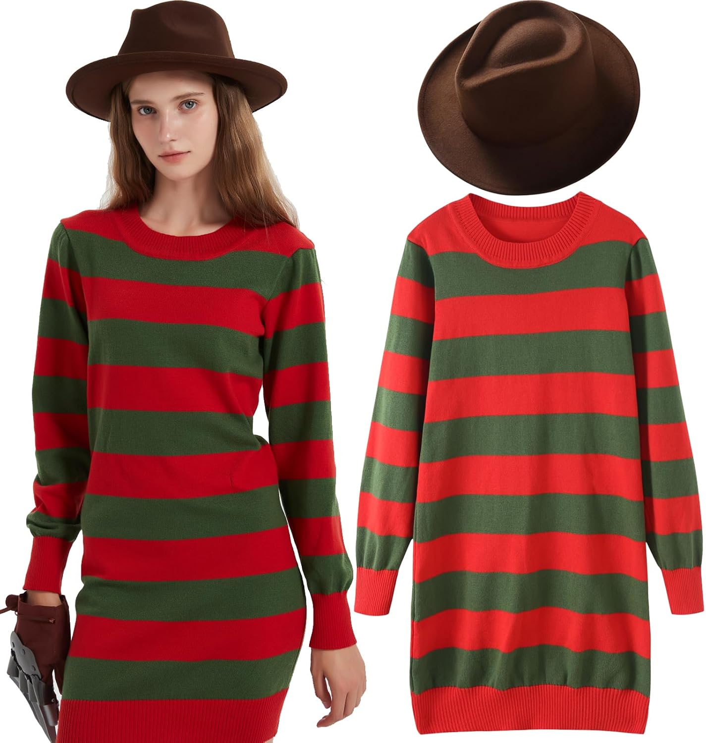 eforpretty Halloween Costume for Women Knitted Sweater Dress with Brown Hat and Leather Glove Set