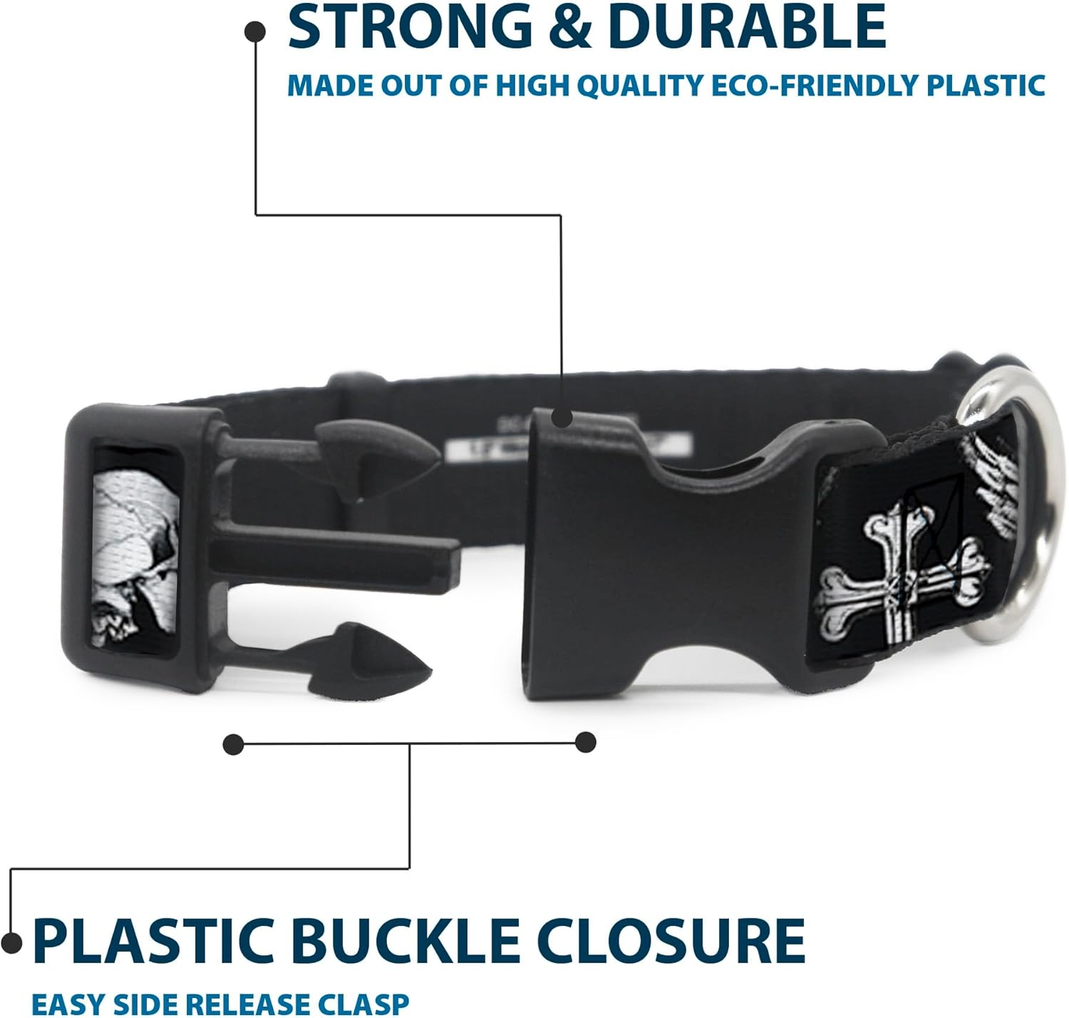 Buckle-Down PC-W30266-WM Bd Skulls with Wings Black/White Plastic Clip Collar, Wide Medium/16-23"