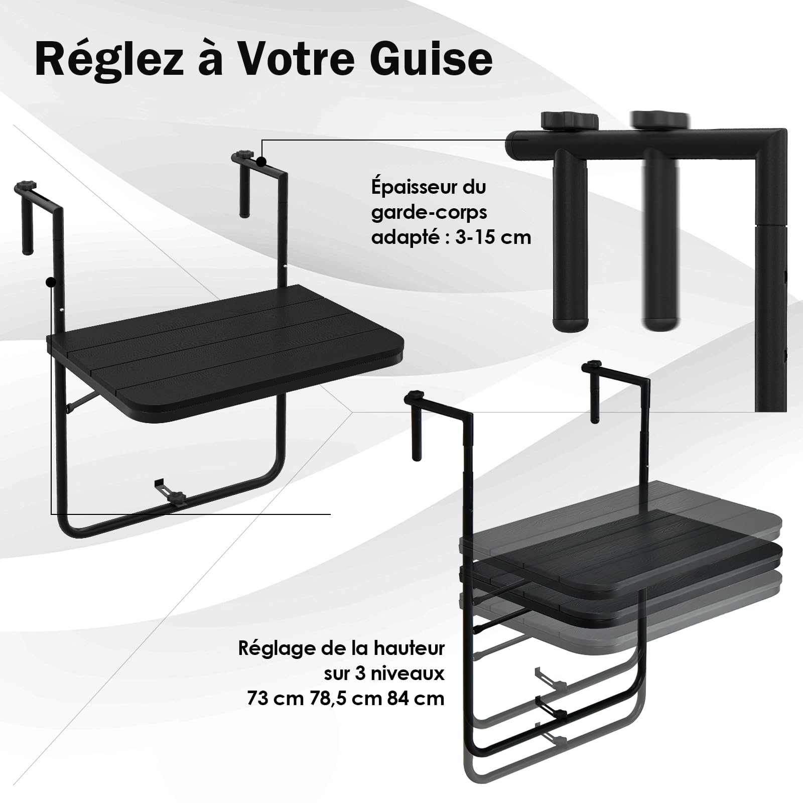 GIANTEX Table de Balcon Suspendue Pliable, Table Suspendue Rabattable et Hauteur Réglable, Résistante aux Intempéries, Charge 30 kg, pour Balcon, Terrasse, Jardin, 62,5 x 60 x 84 cm, Noir