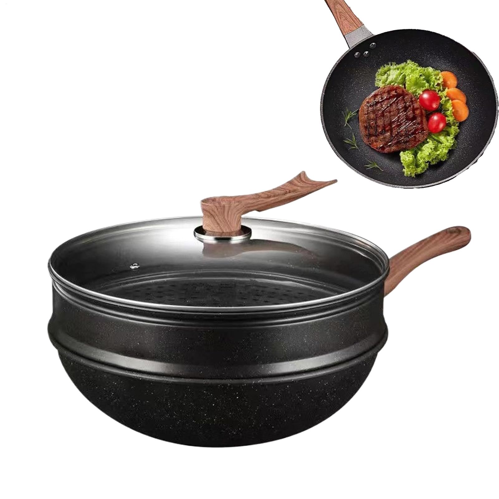 Genérico Padella Antiaderente - 32cm Batteria da Cucina in Pietra e Vetro | Padella Multifunzione per Omelette Bistecche e Pesce, Resistente al Calore, Facile da Pulire per Casa