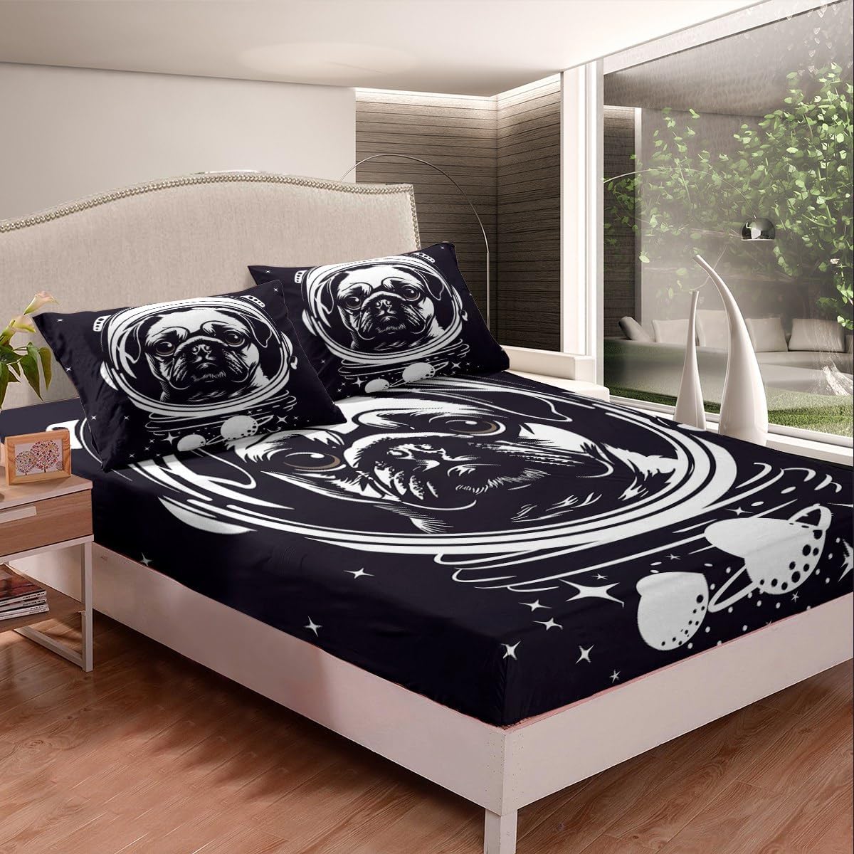 Erosebridal Space Dog Sheet Set Astronaut Pug Bedding Set Full Size for Kids Boys Girls Children Funny Puppy Fitted Sheet Starry Sky Galaxy Bed Cover 3 Pieces with 2 Pillow Cases