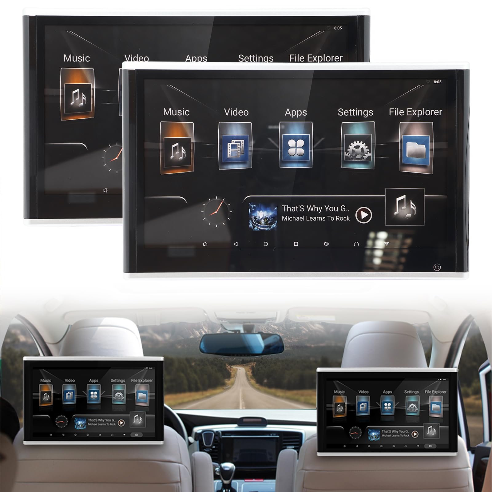 2-Pack 11.6 Inch Android 11 Touch Screen Car TV Headrest Monitor for Back Seat with Ambient Light, Support 4K Video/WiFi/Bluetooth/Airplay/HDMI Input/USB/SD Card/Mirror Link, 4+64G