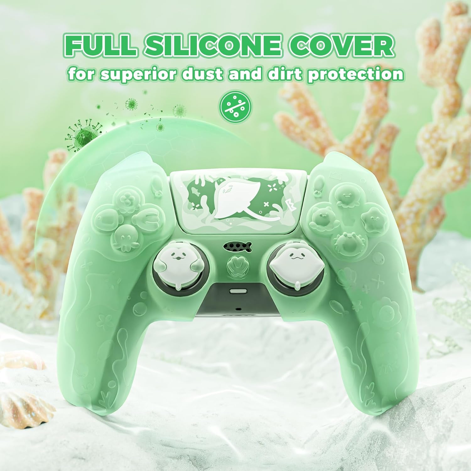PlayVital for PS5 Controller Cover Skin - Cute Ocean Whisper Series Semi-Clear Silicone Case for PS5 Controller with Thumb Grip & Sticker, Charging Station Compatible, Full Protection - Pastel Green - Image 4