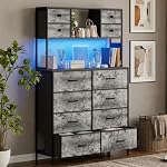 Commode 12 Tiroirs, Grand Coffre de Rangement en Tissu avec Lumière LED et Station de Charge, 3 Étagères Ouvertes, Cadre Métallique et Plateau en Bois Organisateur de Rangement pour Salon, Entrée, Couloir, Chambre