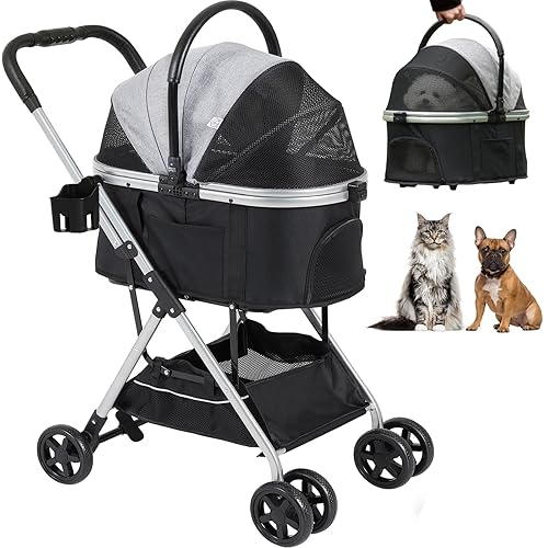 Cochecito de perro 3 en 1 con engranaje plegable 4 ruedas con cesta de almacenamiento de marco de metal resistente carrito transportador de perros