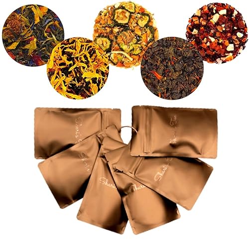 Shari's Tea To Go - Kit de té de Nueva York muestra, cinco tés de hojas sueltas con bolsas de té rellenables vacías y cuchara de viaje, alto a sin