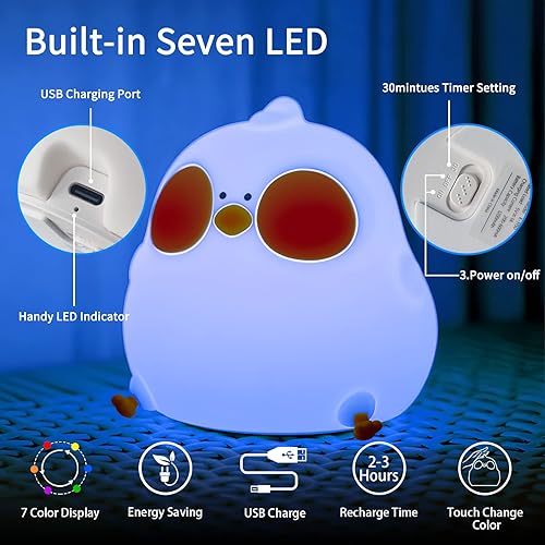 Miniatura 2 de Higoal Luz nocturna de pollo para niños, 7 colores de luces nocturnas, luz nocturna portátil para niños, lámpara Brdroom recargable, luz animal