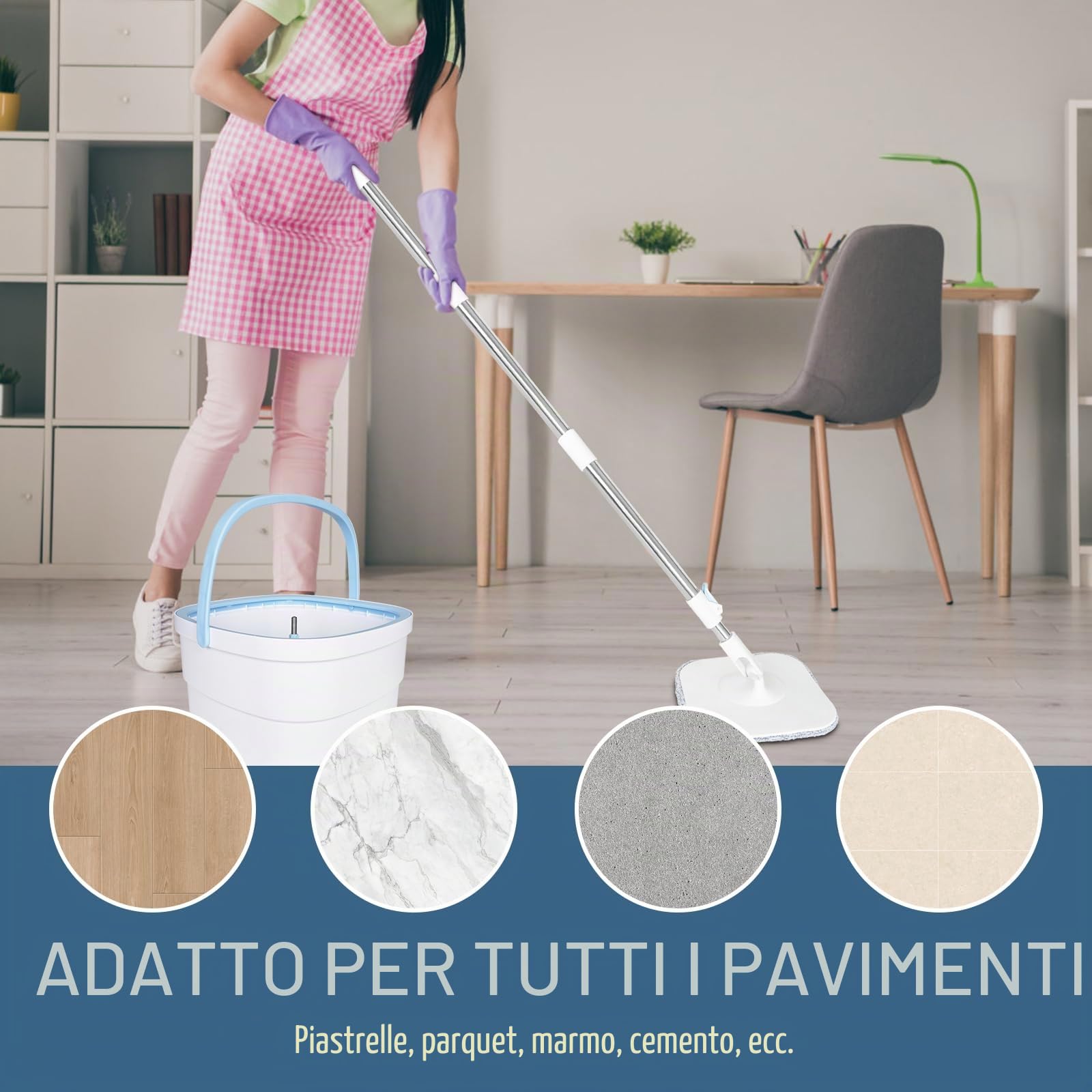 Mocio Lavapavimenti 130cm,con Secchio, 2-in-1 Filtraggio Separa lo Sporco Dall'acqua Dolce, Mocio Pavimenti Autostrizzante Rotante, con 2 Ricambio Mocio Microfibra