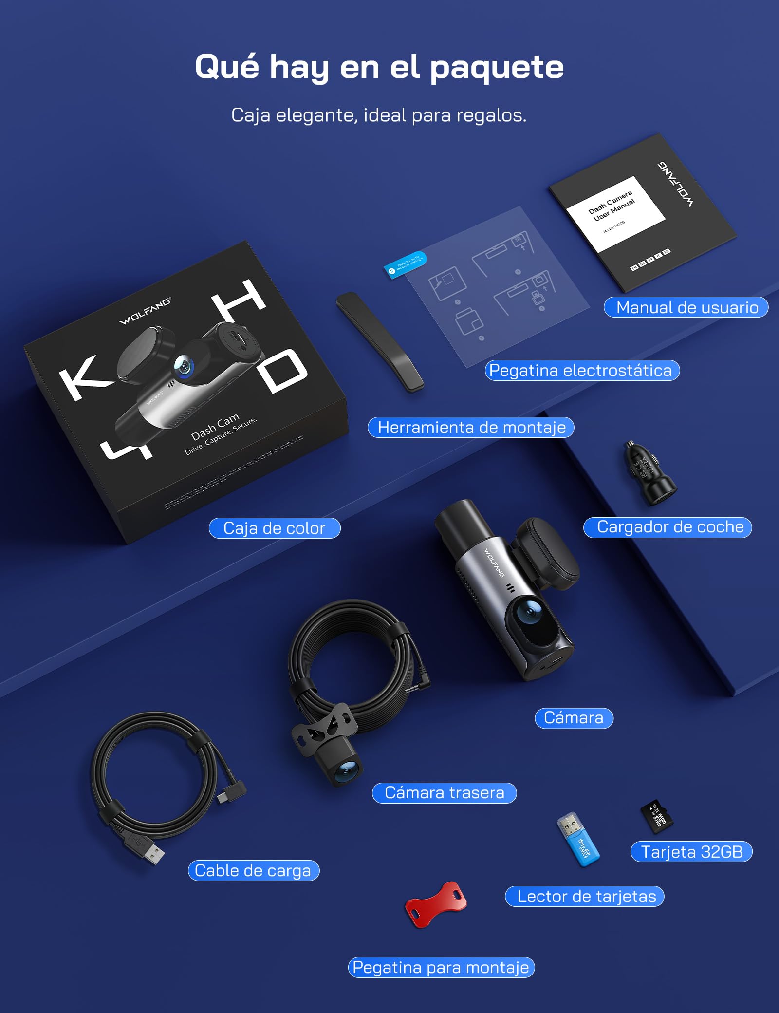 WOLFANG 4K Dashcam, Cámara de Coche con WiFi & App Control con, Cámara para Coche 2160P Dashcam con App, 3.19" IPS, Visión Nocturna, Grabación en Bucle, Sensor G, WDR, Soporta Modo Parking 24H