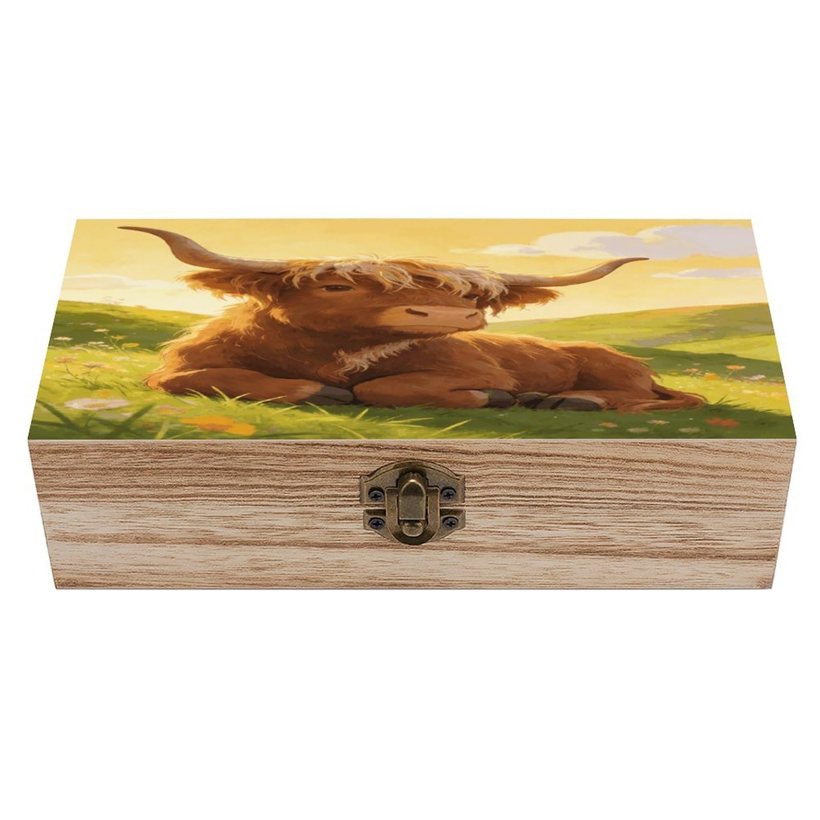 LZQPOEAS Highland Cow Chillin Wooden Keepsake Box Wooden Storage Box Container with Hinged Lid Beautiful Wood Memory Box Decorative Jewelry Case for Crafts Art Hobbies & Trinket Storage