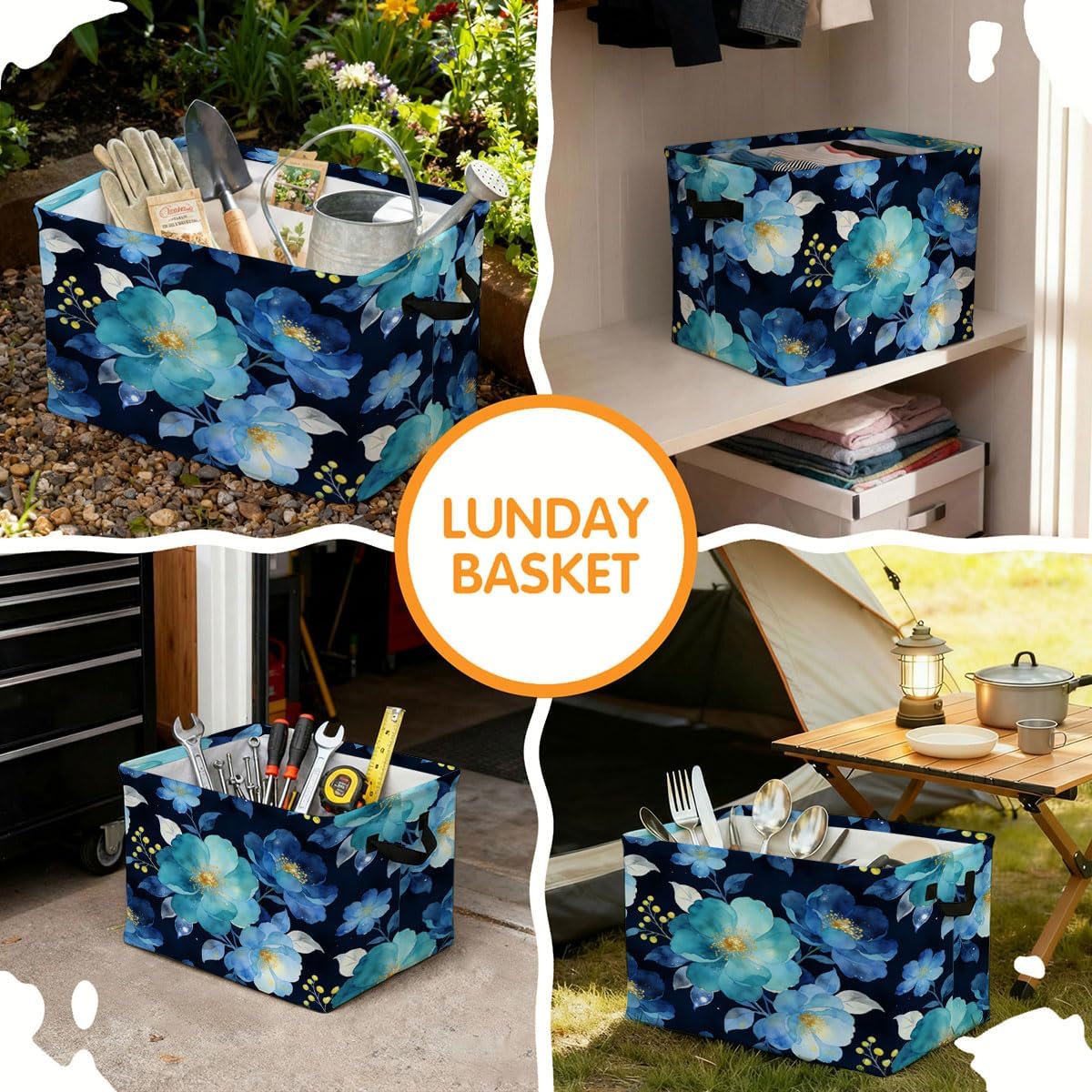 Blue Flowers Foldable Laundry Basket Hamper with Handles, 56L Large Capacity Toy Storage Organizer, Collapsible Clothes Hamper for Home Decor and Bedroom Organization.
