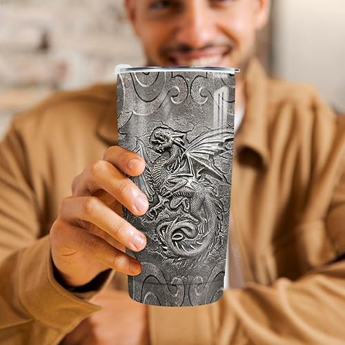 Miniatura 6 de Vaso de dragón estilo metal Fossil Dragon Lover Vikingo Celta, vasos de acero inoxidable de 20 onzas aisladas, taza de café de viaje, regalos para