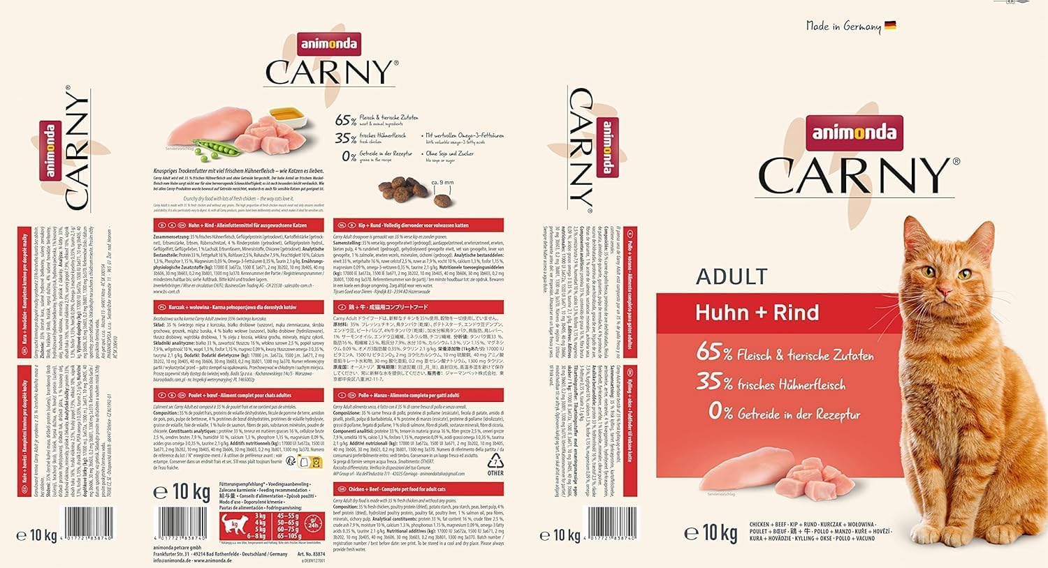 animonda Carny Adult, Croccantini Gatto, senza zucchero e senza cereali, Pollo + Manzo 10 kg