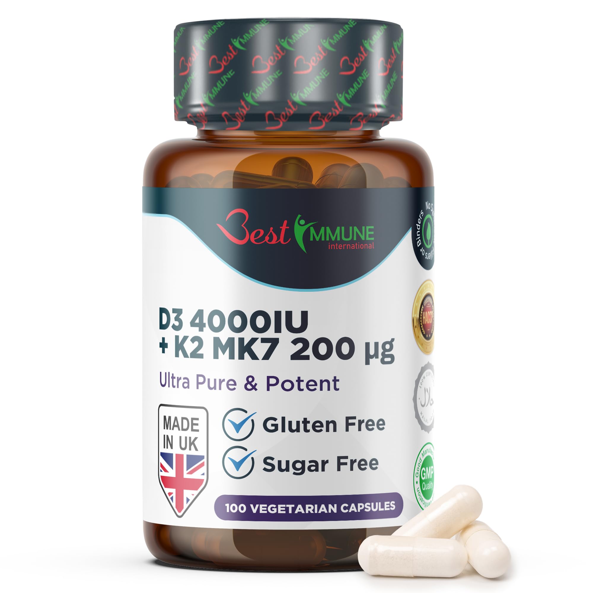 Best Immune, Vitamin D3 4000 IU & MK7 200 mcg Supplement, 100 Vegetarian Capsules
