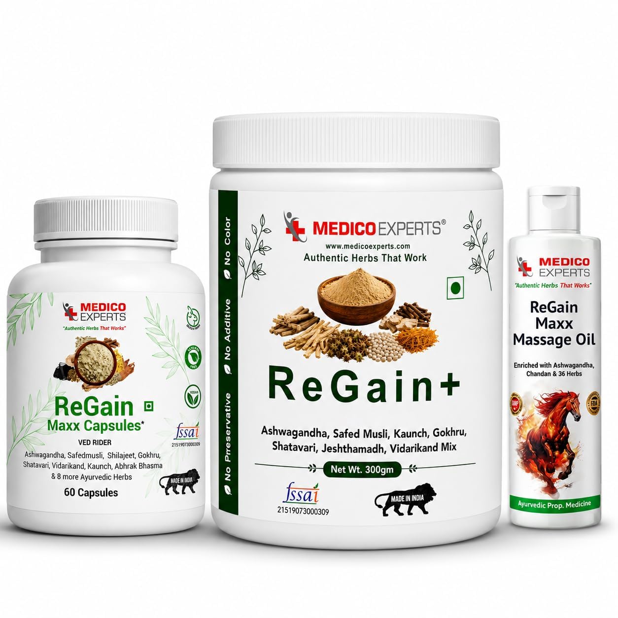 MedicoExperts ReGain Ayurvedic Wellness Kit - Shilajit, Ashwagandha, Safed Musli | 35 Herbal Ingredients | 60 Capsules + Herbal Oil 50ml + Powder 300gm | FSSAI Approved | 1 Month Supply